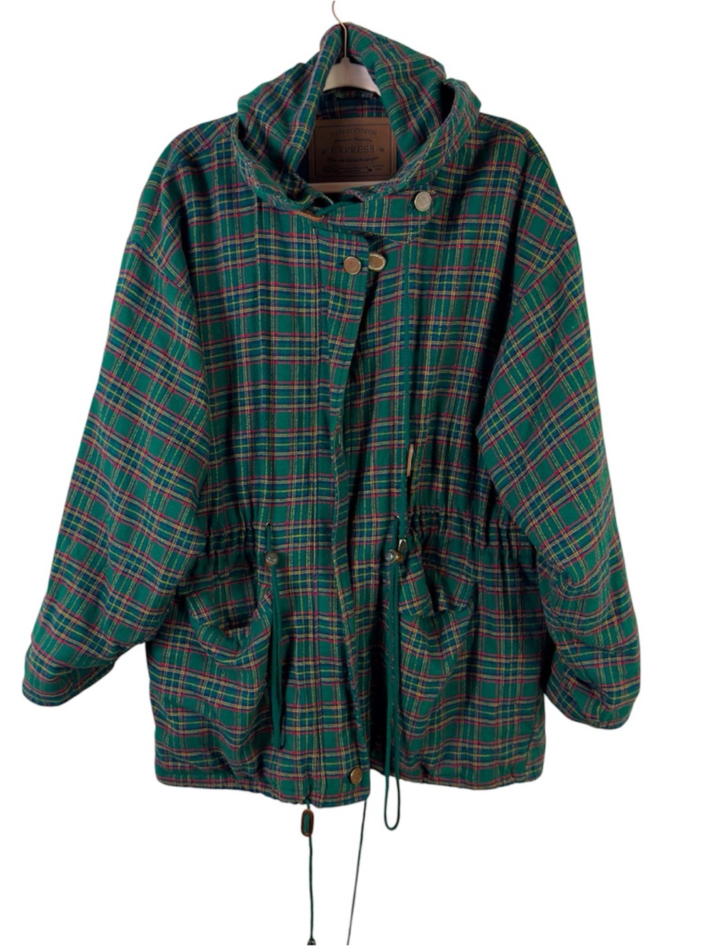 Vintage Express womens size M 90s green plaid anorak zip up hooded jacket